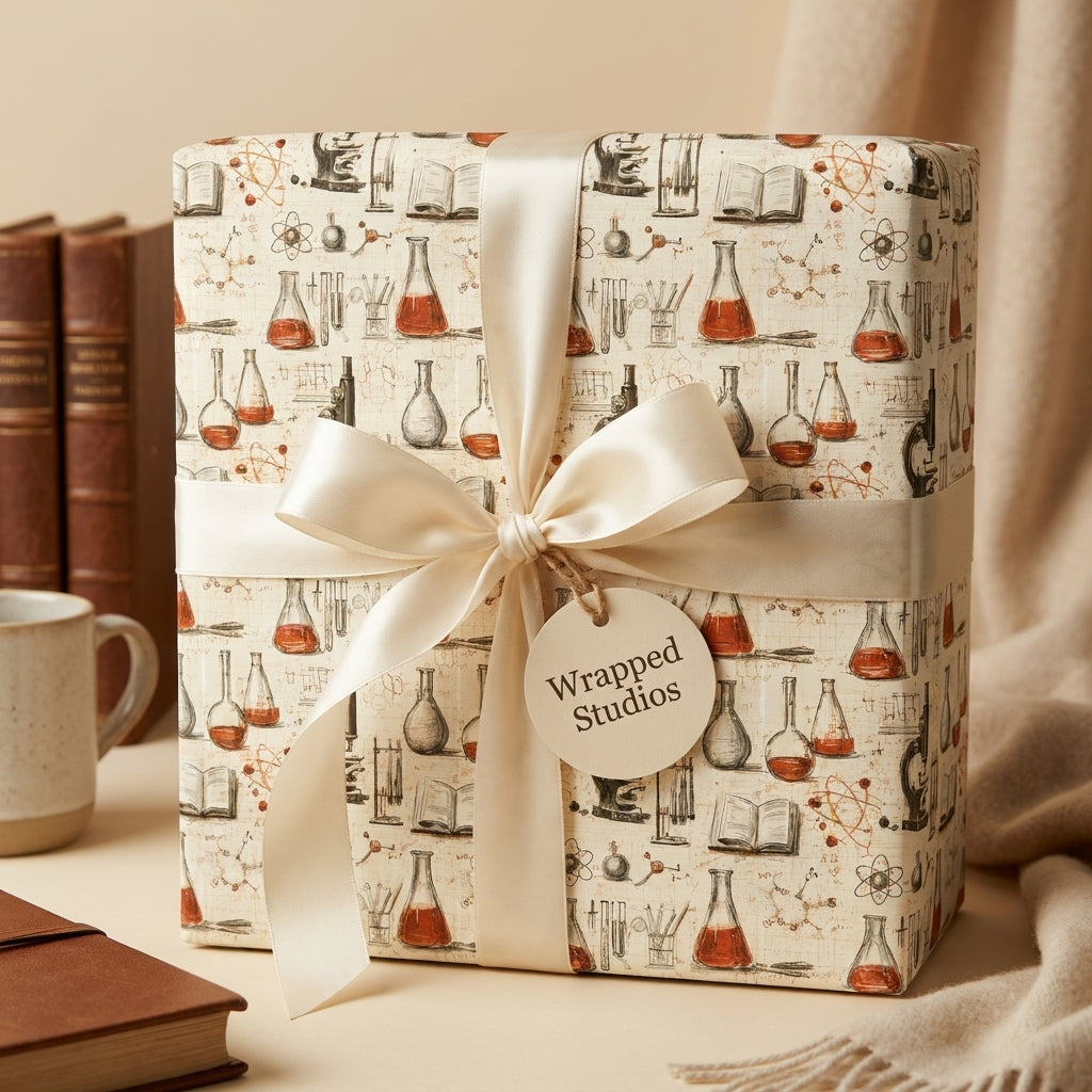 Science wrapping paper with chemistry flasks and books, tied with a cream satin bow by Wrapped Studios.