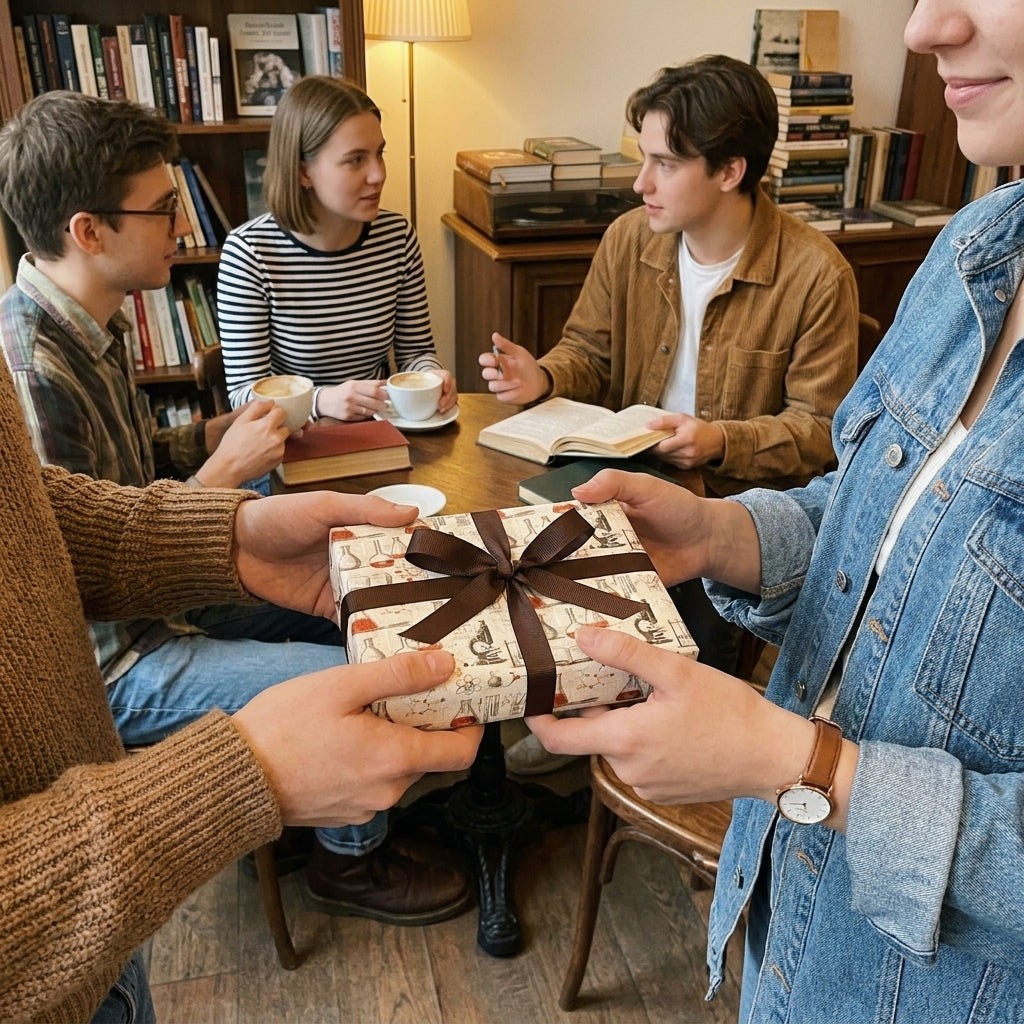 Friends exchanging a gift in chemistry science wrapping paper with a brown bow, by Wrapped Studios.