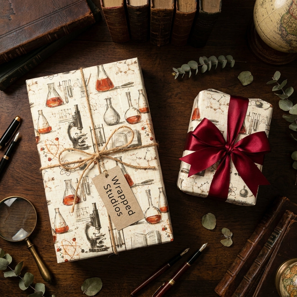 Science wrapping paper featuring chemistry flasks and microscopes. Vintage gift wrap by Wrapped Studios.