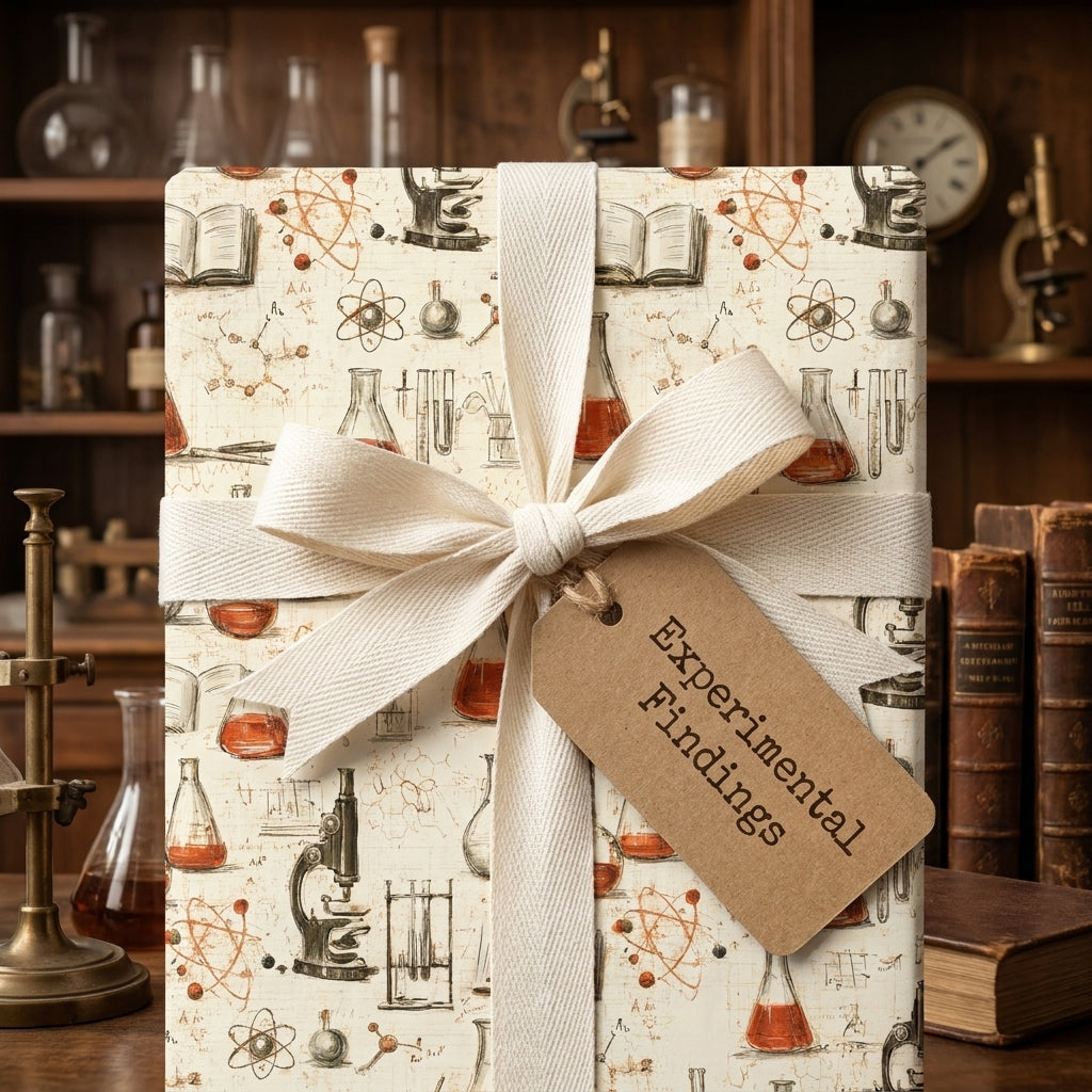 Vintage science wrapping paper featuring beakers and microscopes with a cream ribbon by Wrapped Studios.