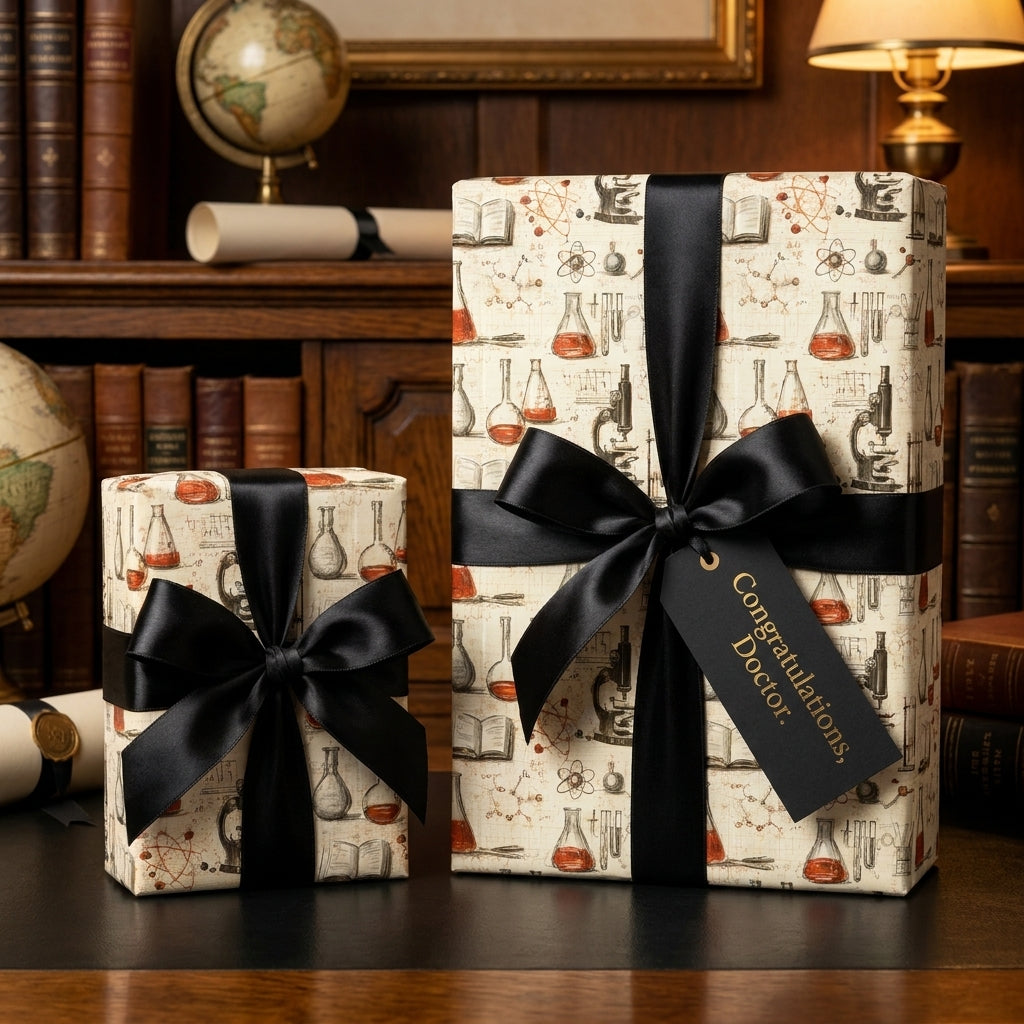 Vintage science wrapping paper with chemistry flasks and black bows for doctor graduation by Wrapped Studios.