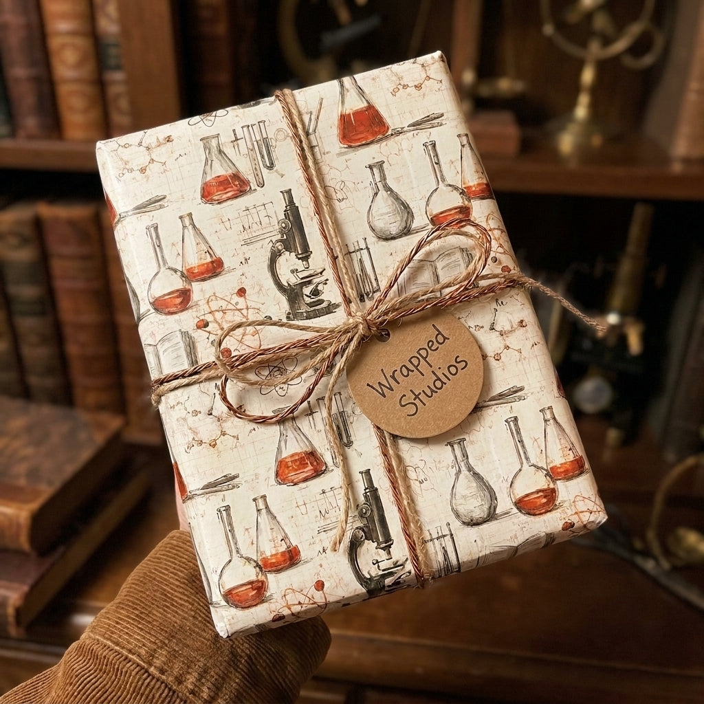 Vintage science wrapping paper with beakers and microscopes, tied in twine with a Wrapped Studios gift tag.