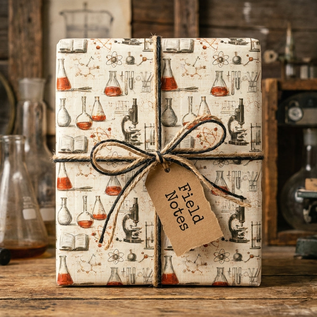 Vintage science wrapping paper with chemistry beakers and microscopes, tied with twine by Wrapped Studios.