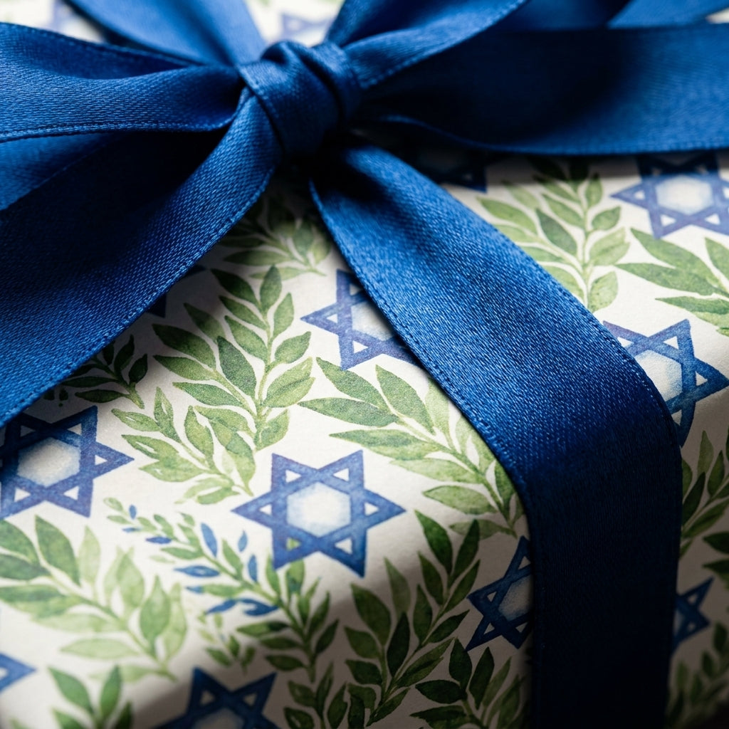 Hanukkah wrapping paper with Star of David & olive leaves, tied with blue satin ribbon by Wrapped Studios.