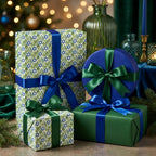 Blue and green Hanukkah wrapping paper with Star of David pattern on luxury gift boxes by Wrapped Studios.