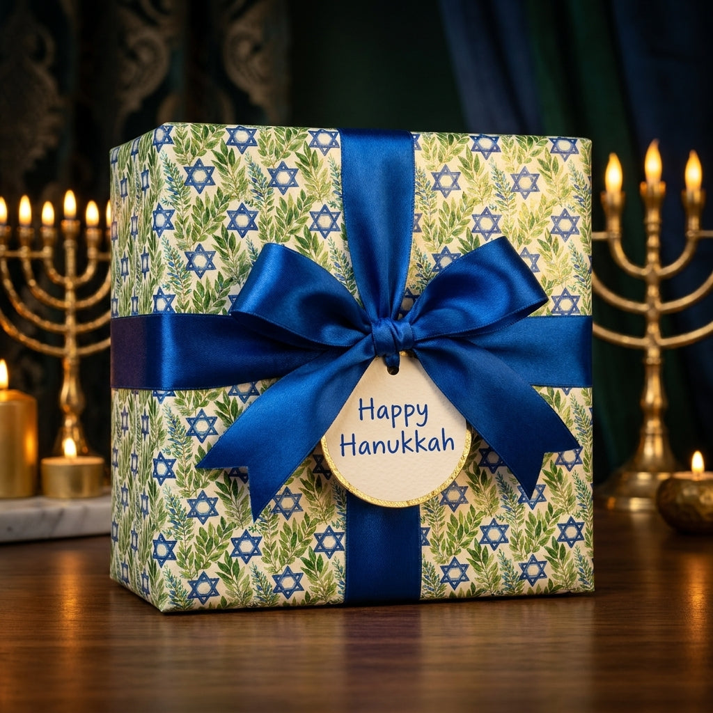 Luxury Hanukkah gift wrap with Star of David pattern, blue satin ribbon, and tag by Wrapped Studios.