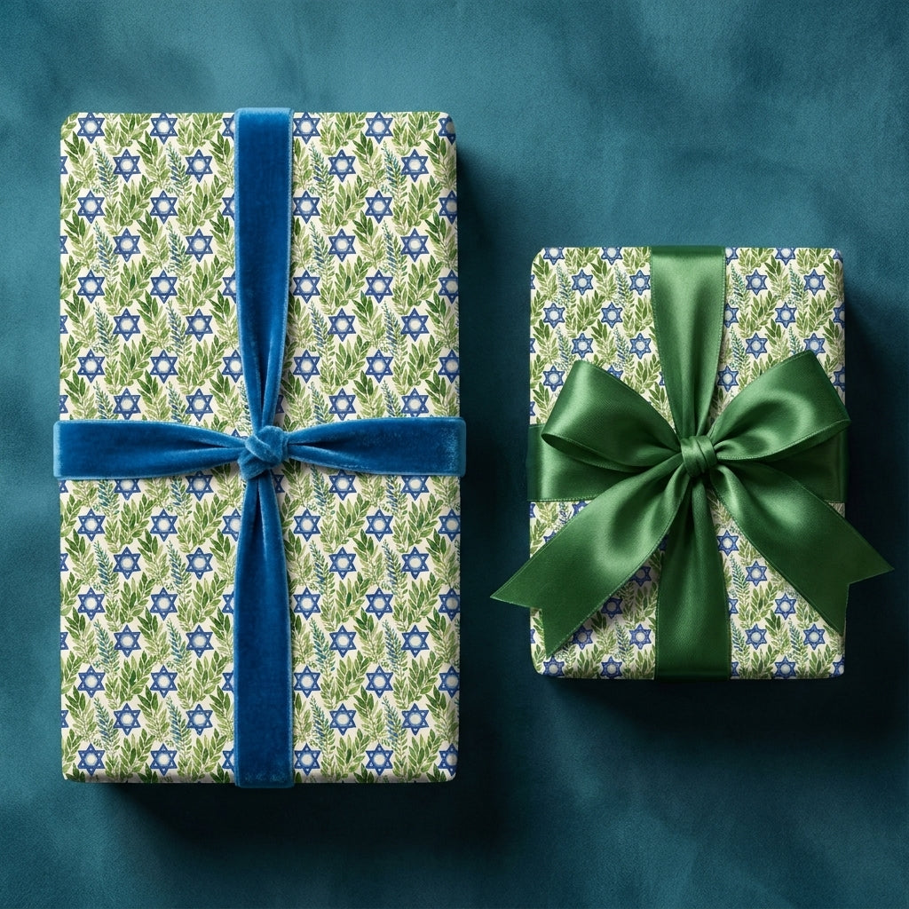 Elegant Hanukkah wrapping paper with Star of David botanical print and blue velvet ribbon by Wrapped Studios.