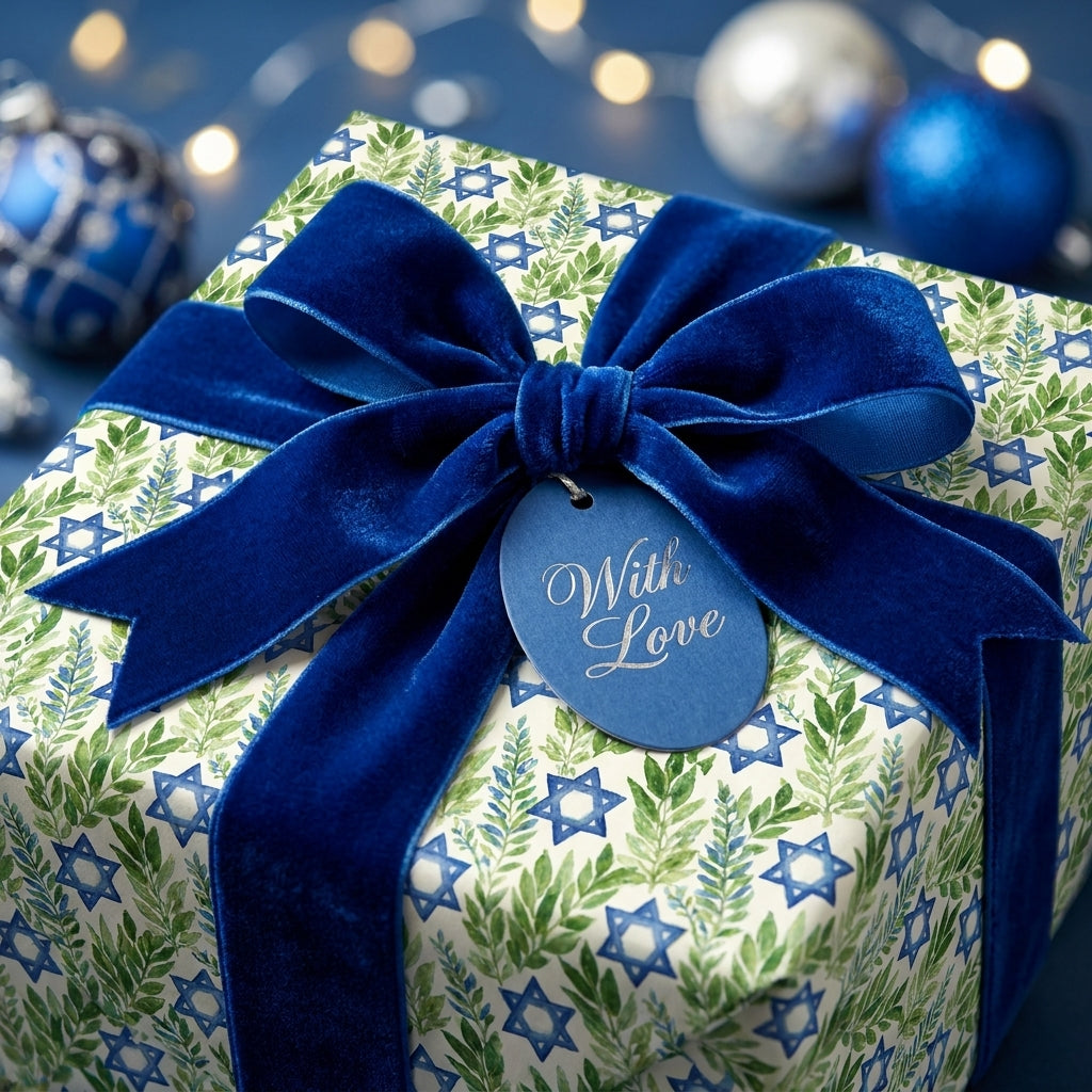 Hanukkah wrapping paper with Star of David pattern, blue velvet bow, and gift tag by Wrapped Studios.