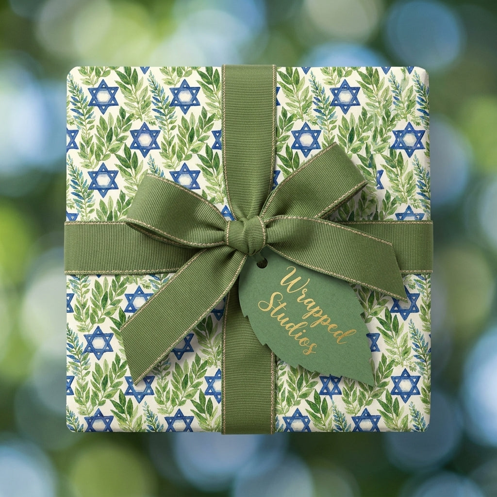Botanical Star of David Hanukkah wrapping paper with a green ribbon bow by Wrapped Studios.