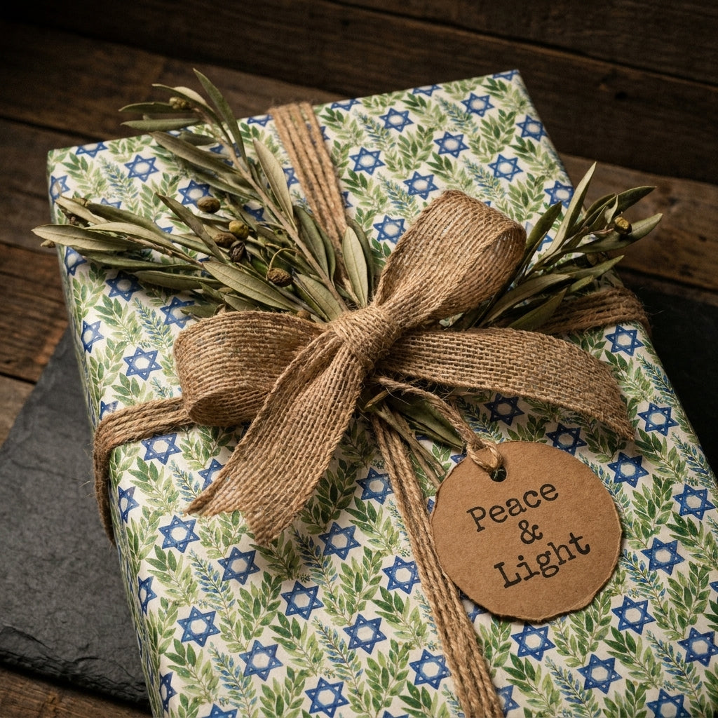 Elegant Hanukkah wrapping paper with Star of David & olive pattern, rustic burlap bow, by Wrapped Studios.