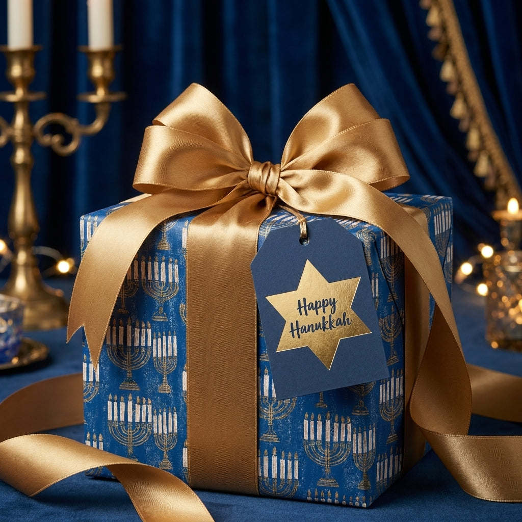 Luxury Hanukkah wrapping paper with gold menorah pattern and large satin bow by Wrapped Studios.