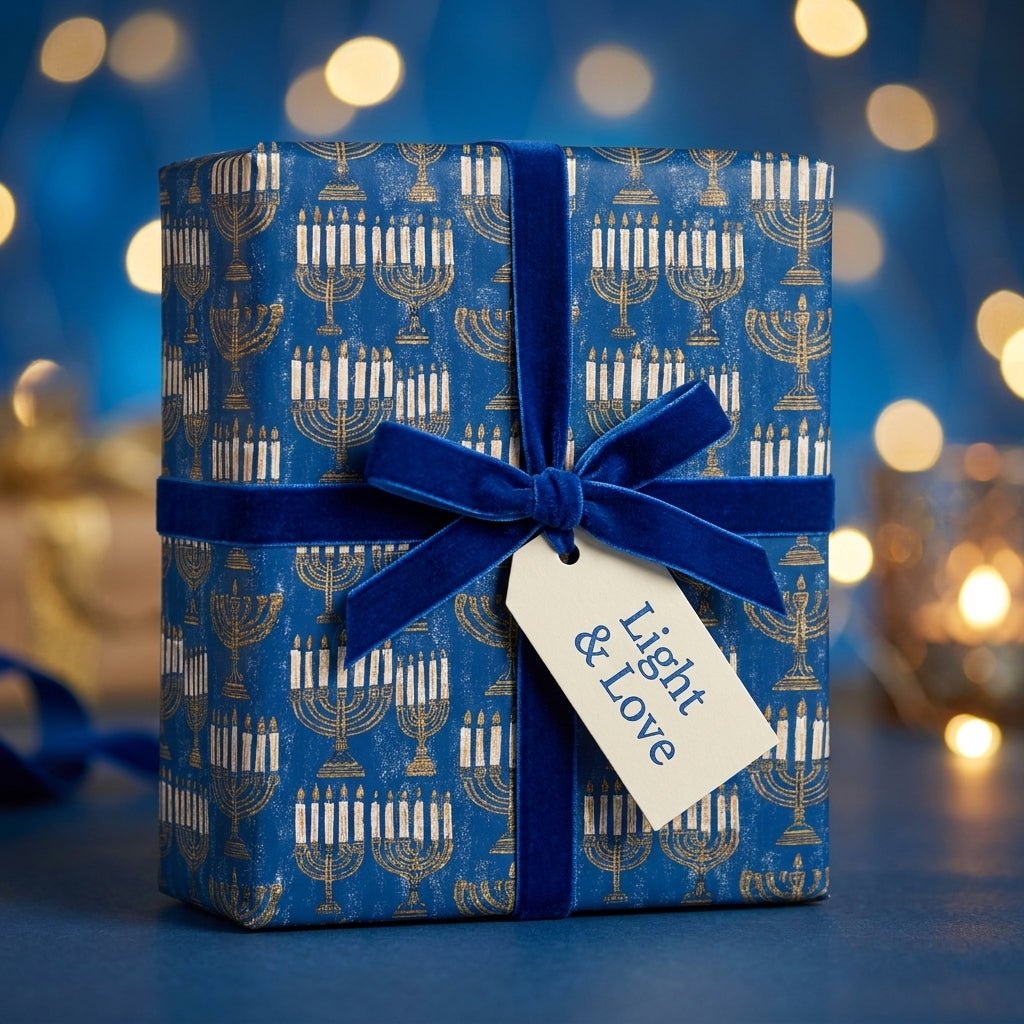 Luxury blue Hanukkah wrapping paper with gold menorah pattern and velvet bow by Wrapped Studios.