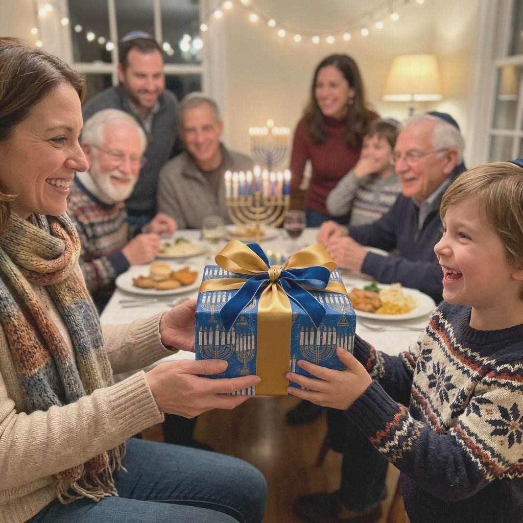 Hanukkah wrapping paper with gold menorahs by Wrapped Studios on a blue gift box given to a child.