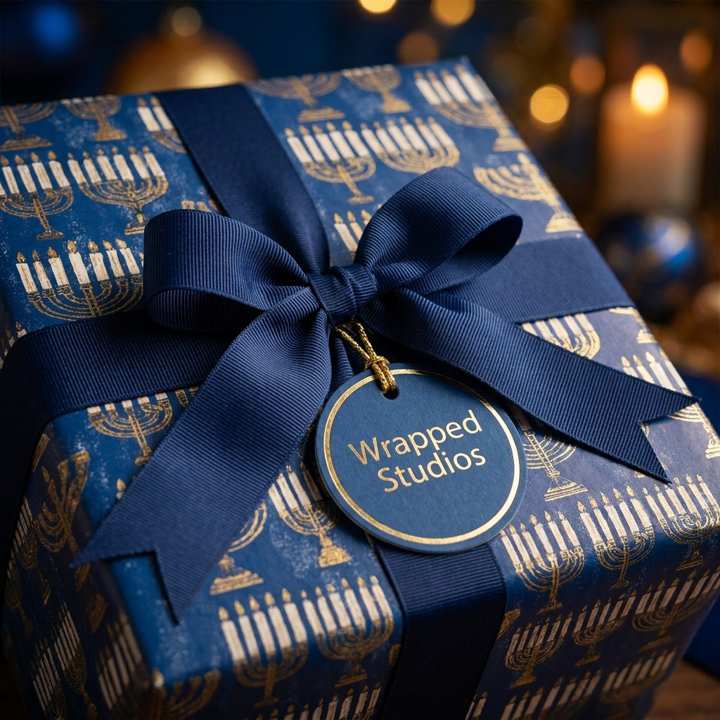 Luxury Hanukkah wrapping paper in blue and gold menorah print with a navy bow by Wrapped Studios.
