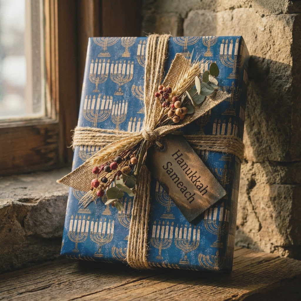 Blue menorah Hanukkah wrapping paper with rustic twine and Hanukkah Sameach tag, by Wrapped Studios.