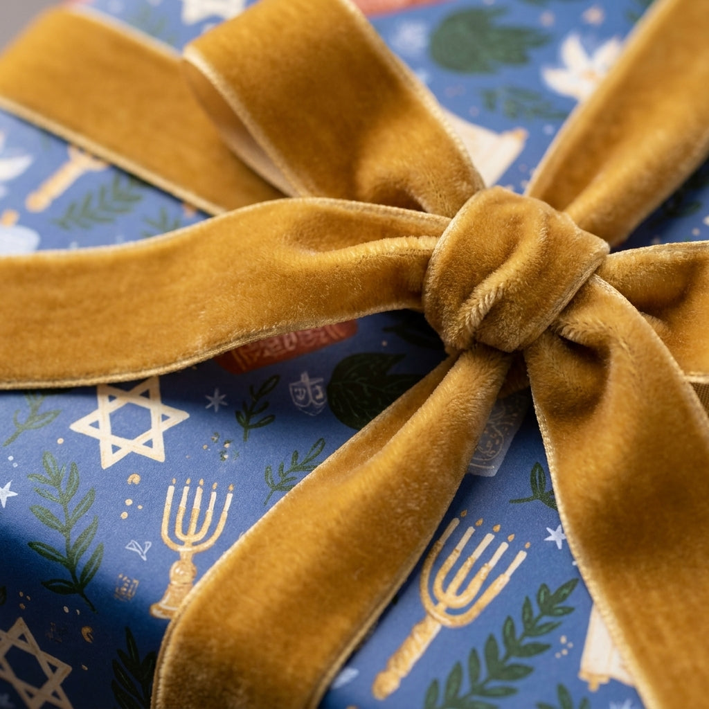 Luxury Hanukkah wrapping paper in blue and gold with a velvet bow by Wrapped Studios.