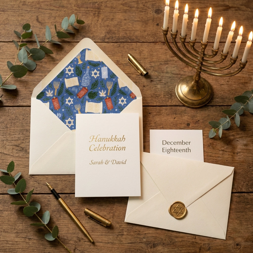 Elegant Hanukkah invitation and Star of David patterned envelope liner with brass menorah by Wrapped Studios.