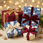 Luxury Hanukkah wrapping paper with blue Star of David and menorah patterns by Wrapped Studios.