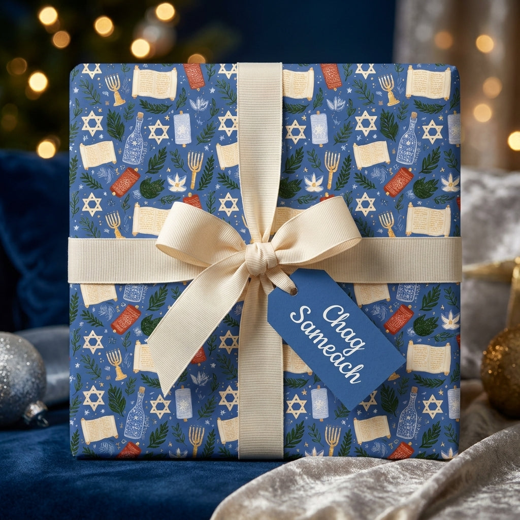 Blue Hanukkah wrapping paper with Star of David pattern, cream ribbon, and tag by Wrapped Studios.