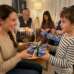 Mother giving son a gift in blue Hanukkah wrapping paper with gold ribbon. Holiday gift wrap by Wrapped Studios.