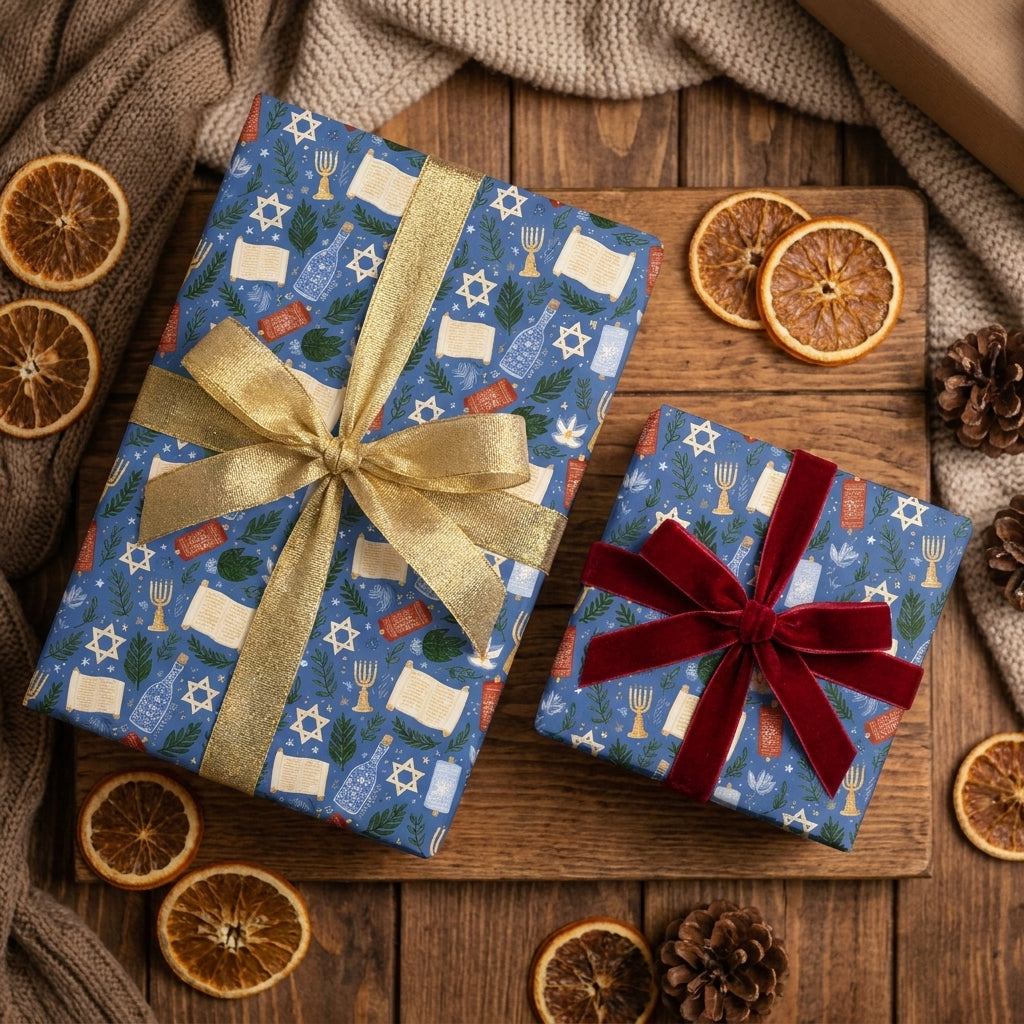 Blue Hanukkah wrapping paper with Stars of David and gold ribbons on holiday gifts by Wrapped Studios.