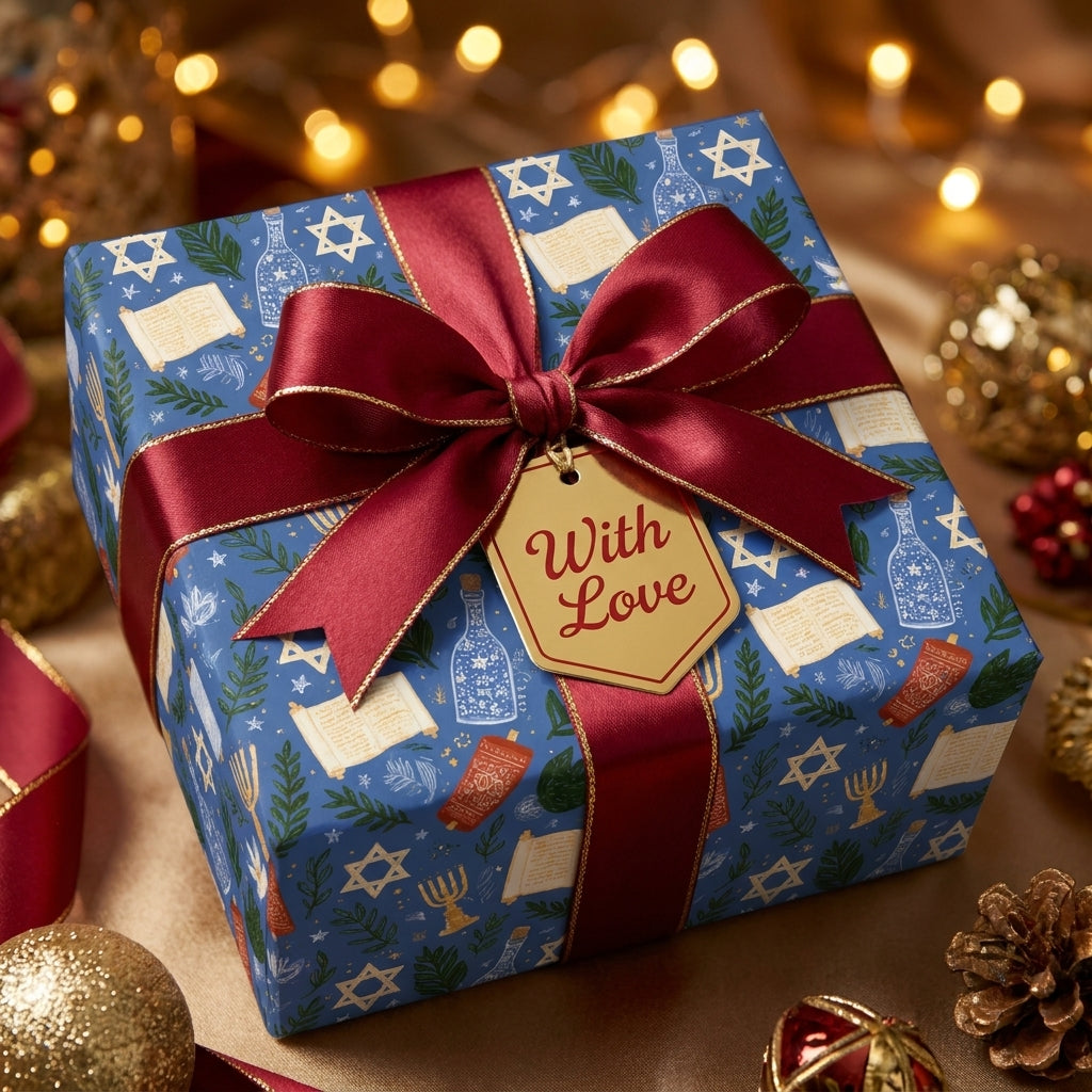 Blue Hanukkah wrapping paper with Star of David and a luxury burgundy bow by Wrapped Studios.