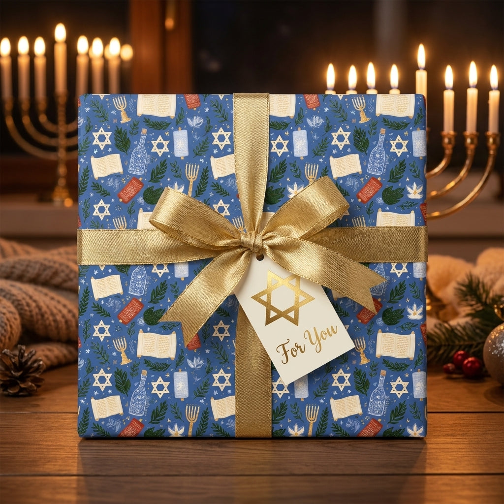 Hanukkah wrapping paper with gold bow and Star of David gift tag on a blue gift box by Wrapped Studios.