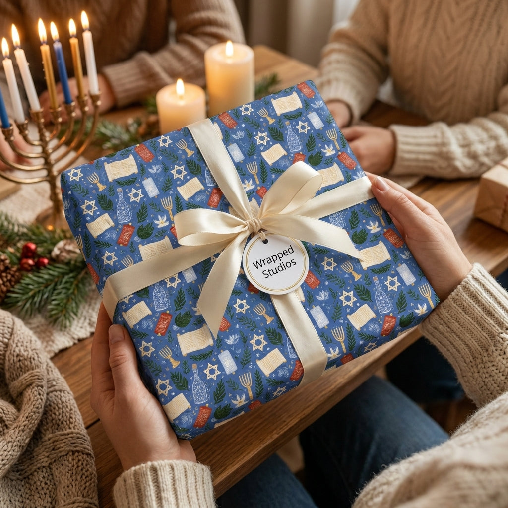 Blue Hanukkah wrapping paper with festive menorah design and cream ribbon by Wrapped Studios.
