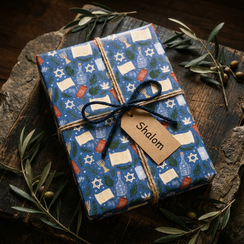 Blue Hanukkah wrapping paper with Star of David pattern, tied with twine and a Shalom tag. Wrapped Studios.