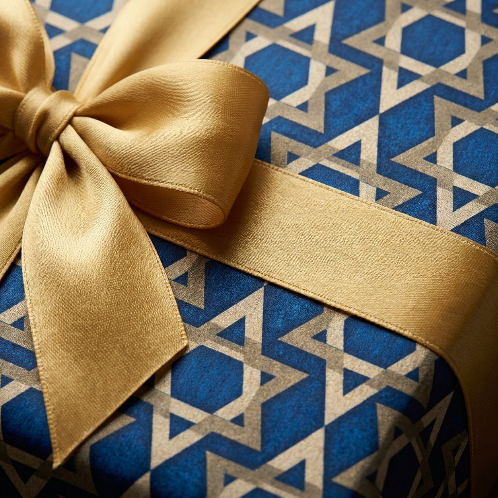 Luxury Hanukkah gift wrap with blue Star of David pattern and a gold satin bow, by Wrapped Studios.