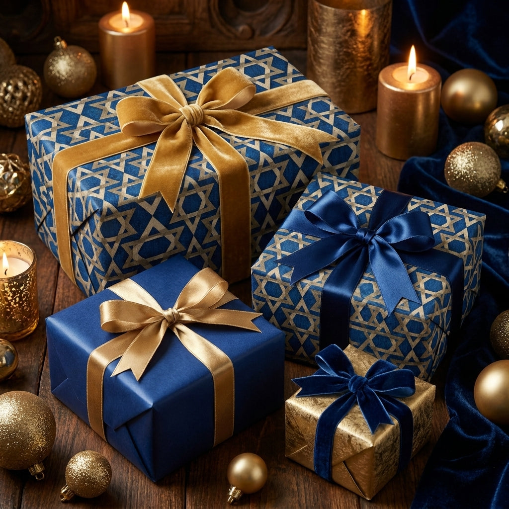 Luxury blue and gold Hanukkah wrapping paper with Star of David patterns on gift boxes by Wrapped Studios.