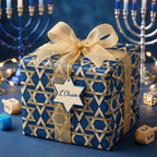 Elegant Hanukkah wrapping paper with blue and gold Star of David design and gold bow by Wrapped Studios.