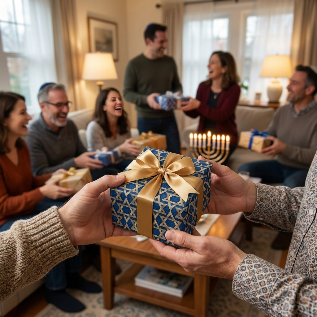Blue and gold Star of David Hanukkah wrapping paper with a gold ribbon bow, by Wrapped Studios.