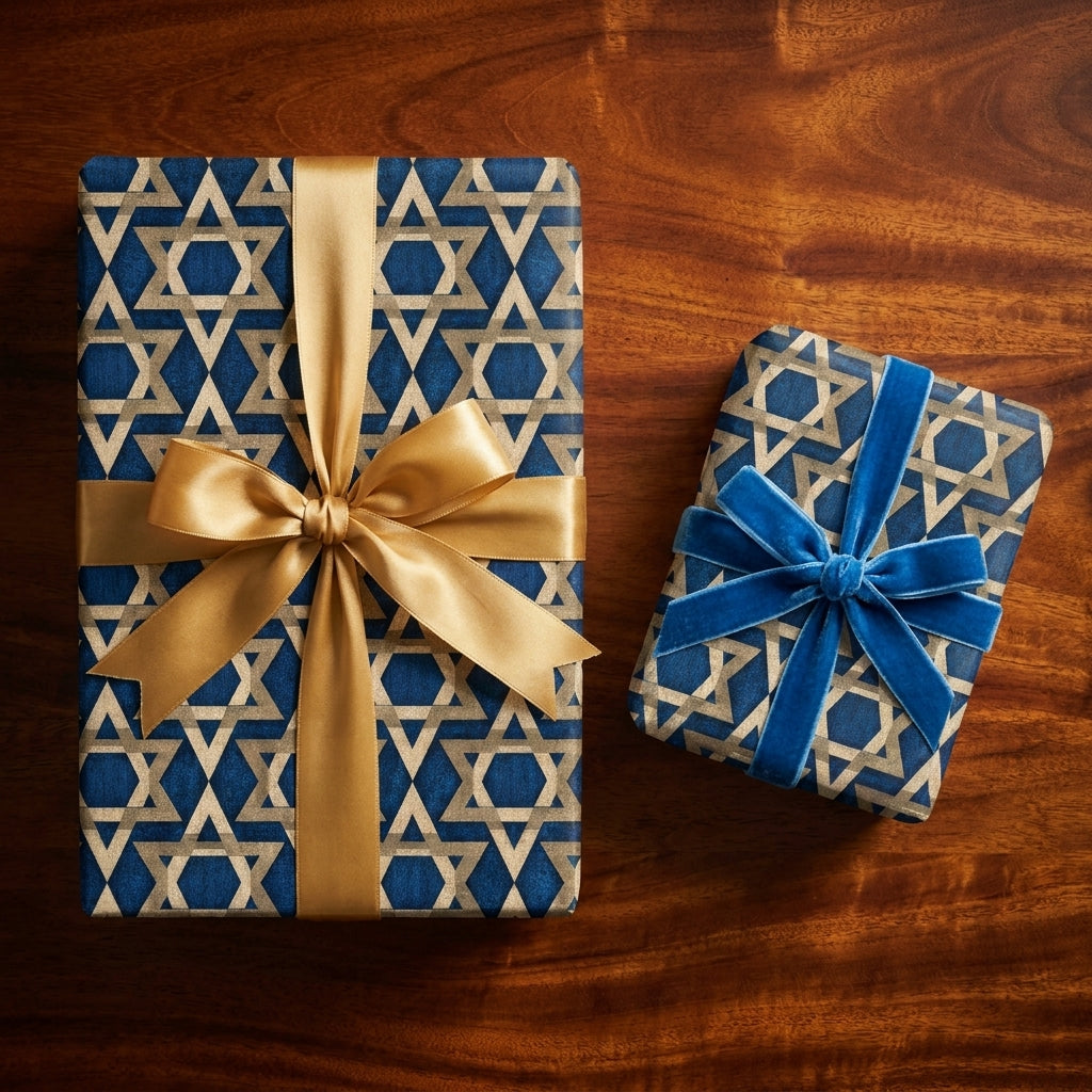 Hanukkah wrapping paper with gold Star of David pattern and elegant ribbons by Wrapped Studios.