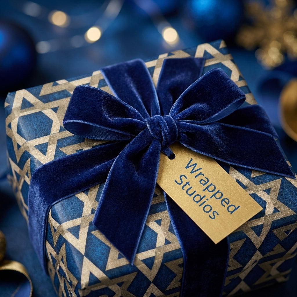 Luxury Hanukkah wrapping paper with gold Star of David pattern, blue velvet bow, and Wrapped Studios tag.