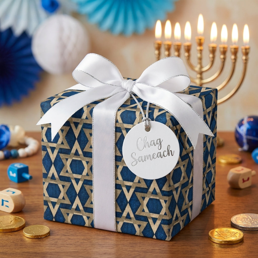 Blue and gold Hanukkah wrapping paper with Star of David pattern, white ribbon and gift tag by Wrapped Studios.