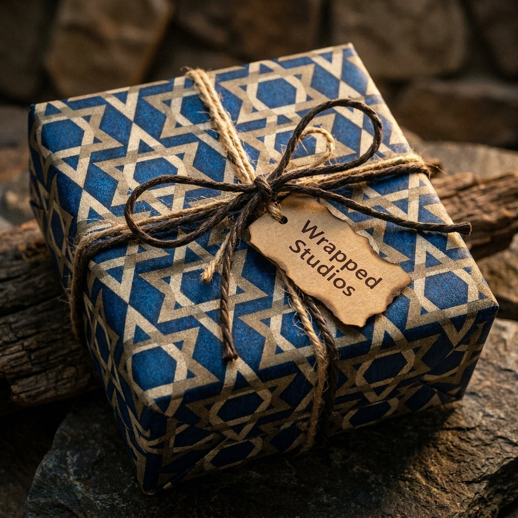 Hanukkah wrapping paper with blue and gold Star of David design and rustic twine, by Wrapped Studios.
