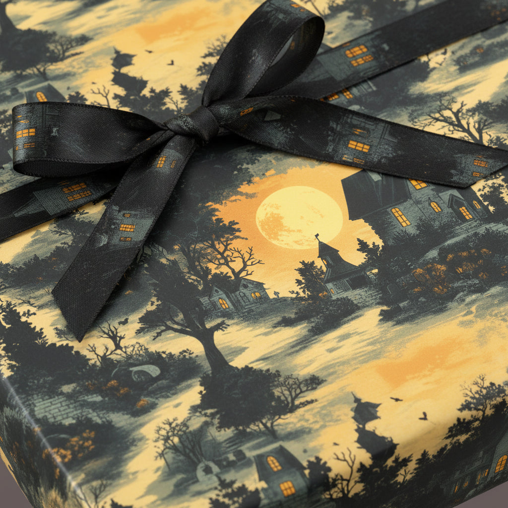 Spooky Halloween wrapping paper featuring haunted houses, full moon and black ribbon bow.