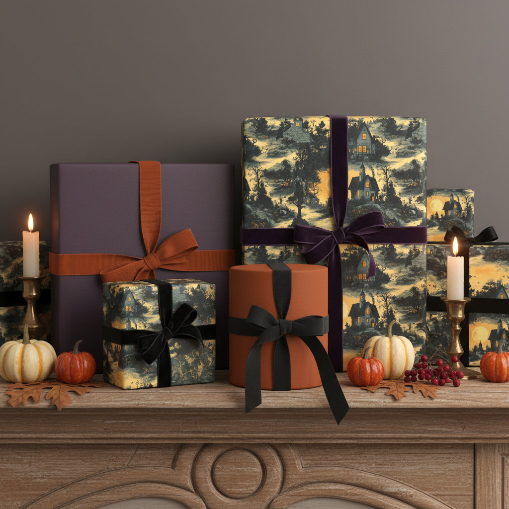 Elegant Halloween gift wrap with haunted house design, velvet ribbons, pumpkins, and candles.