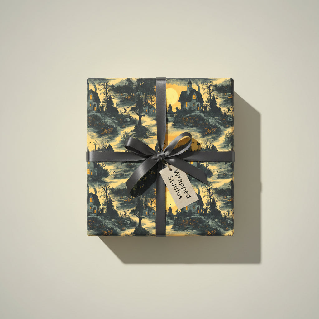 Square gift wrapped in Halloween wrapping paper with spooky haunted houses pattern tied with a gray ribbon.