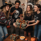 Friends exchanging Halloween gifts wrapped in spooky village scene wrapping paper with orange and black striped ribbons.