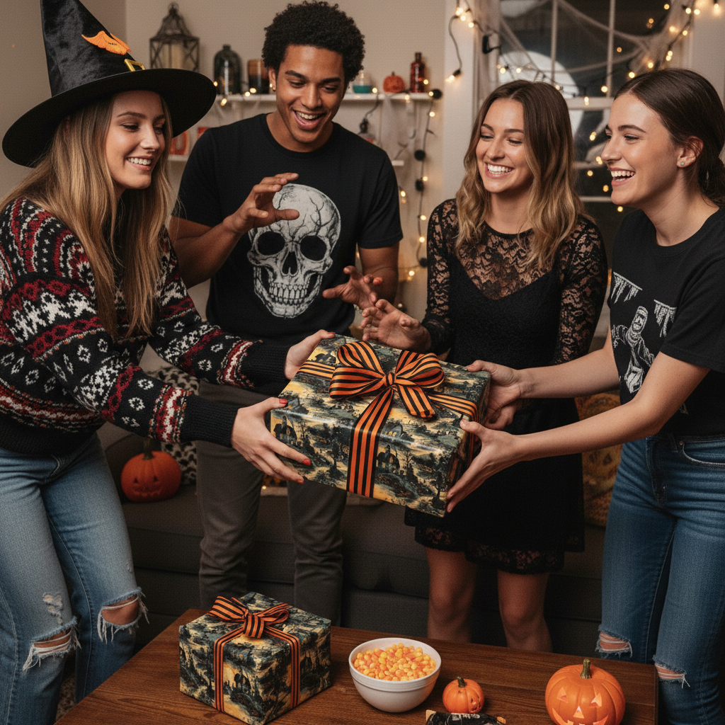 Friends exchanging Halloween gifts wrapped in spooky village scene wrapping paper with orange and black striped ribbons.