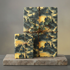 Halloween gift wrap with spooky haunted house pattern, tied with twine and eucalyptus sprig.