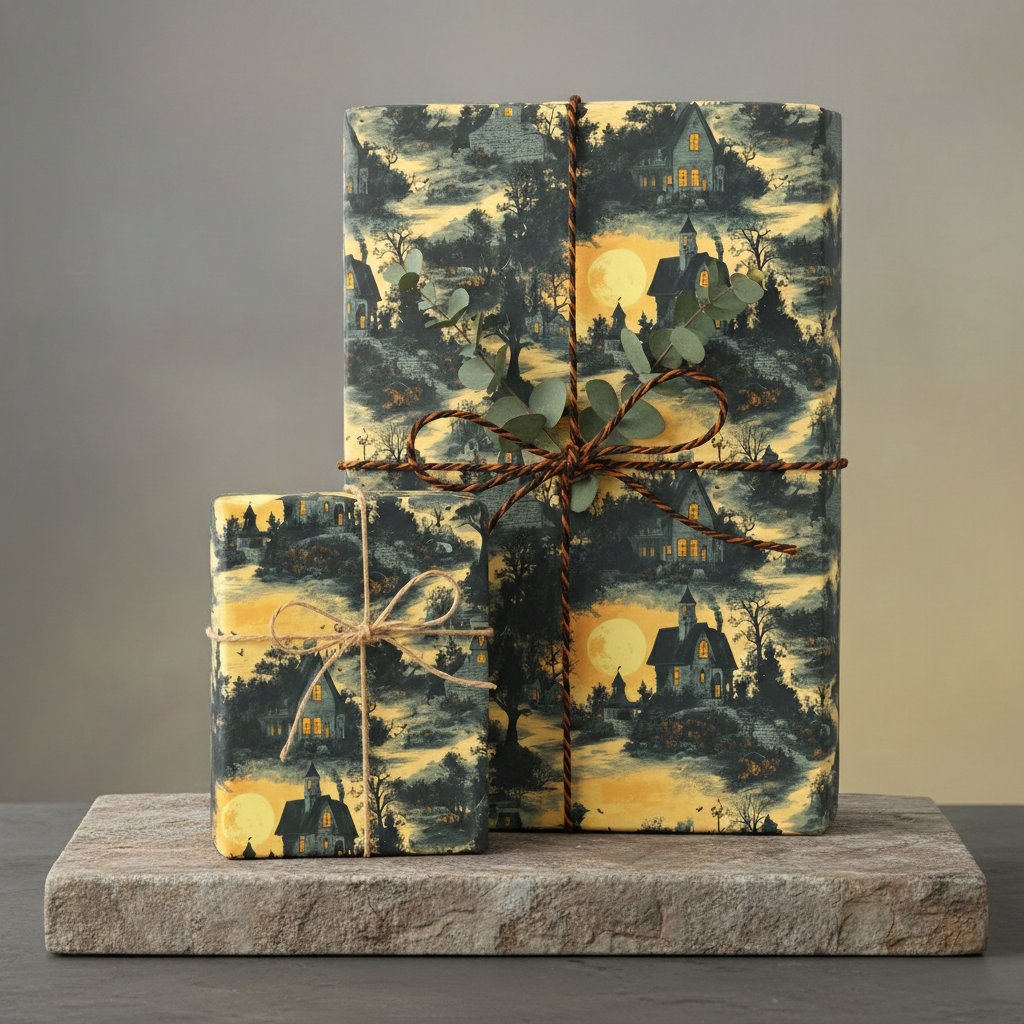 Halloween gift wrap with spooky haunted house pattern, tied with twine and eucalyptus sprig.