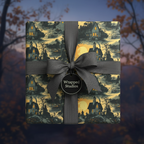 Elegant Halloween gift wrap with a spooky haunted house and full moon pattern, tied with a dark gray ribbon.