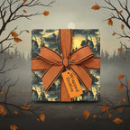 Spooky houses on gift wrapped with burlap bow; autumn-themed Halloween wrapping paper.