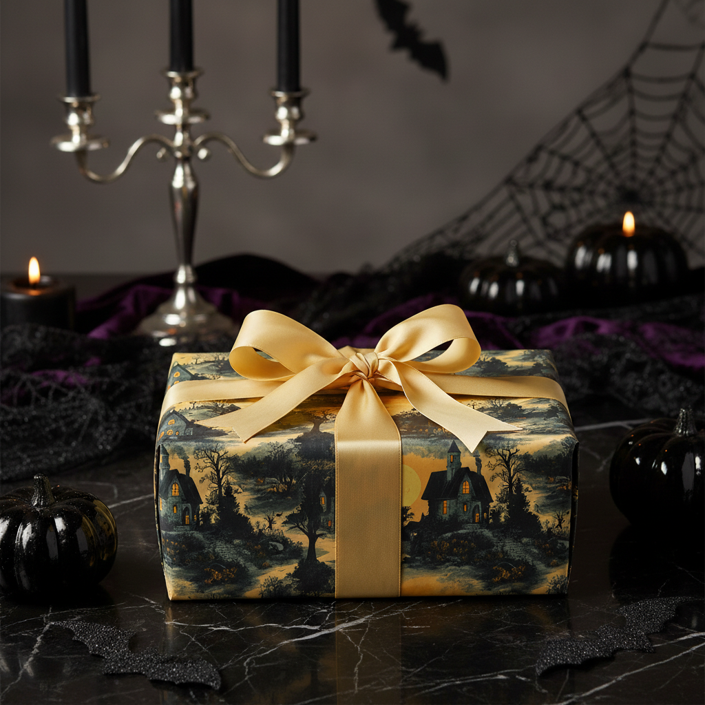 Spooky Halloween gift wrapped in haunted house wrapping paper with a gold satin ribbon and bow.