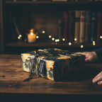 Elegant gift wrapped in dark, artistic wrapping paper with lace ribbon for birthdays and special occasions.