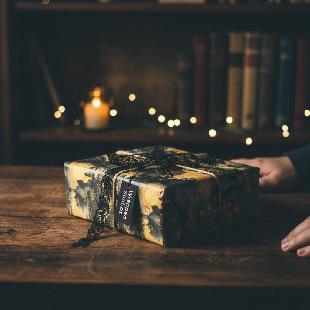 Elegant gift wrapped in dark, artistic wrapping paper with lace ribbon for birthdays and special occasions.