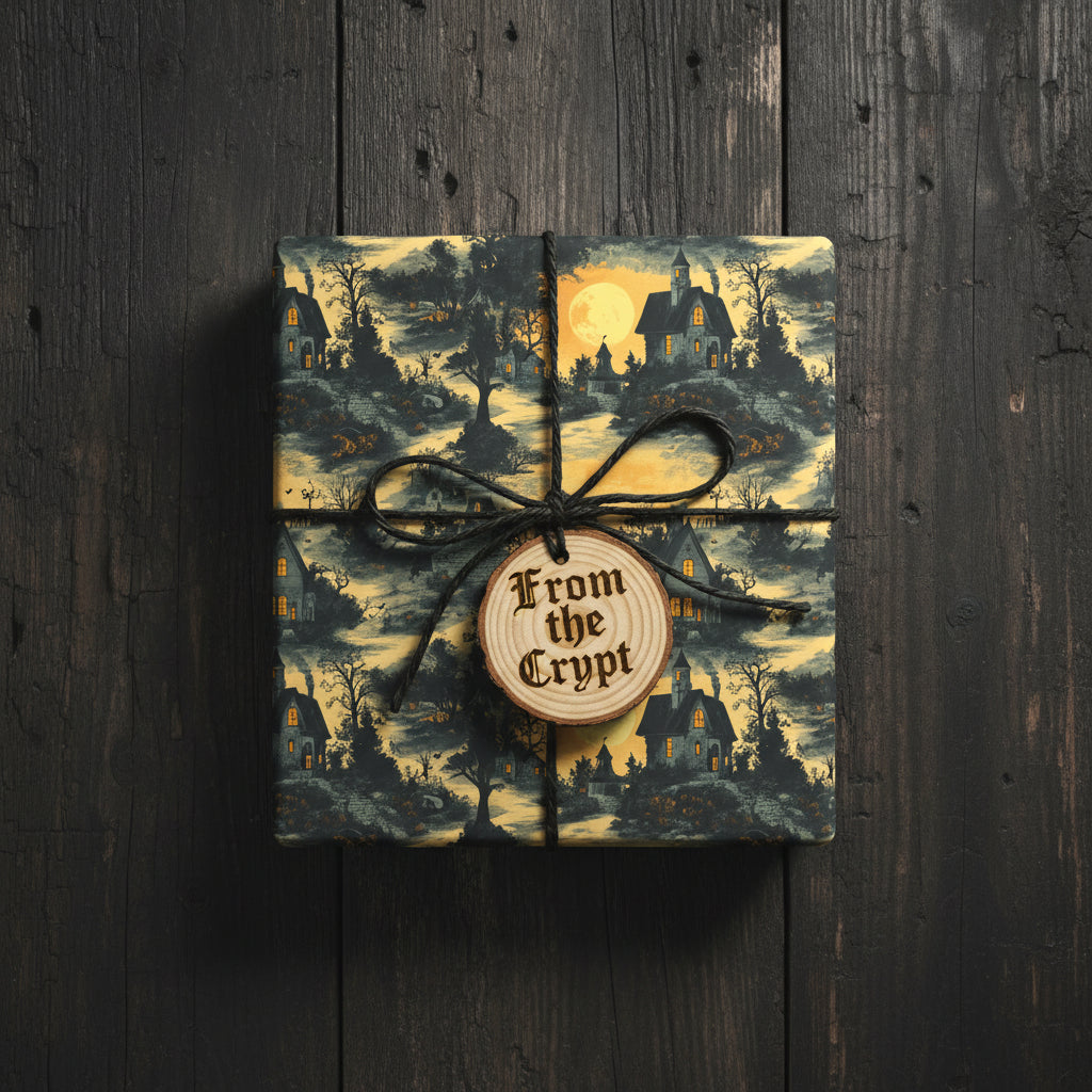 Spooky Halloween wrapping paper with "From the Crypt" wood tag and black twine on dark wood surface.